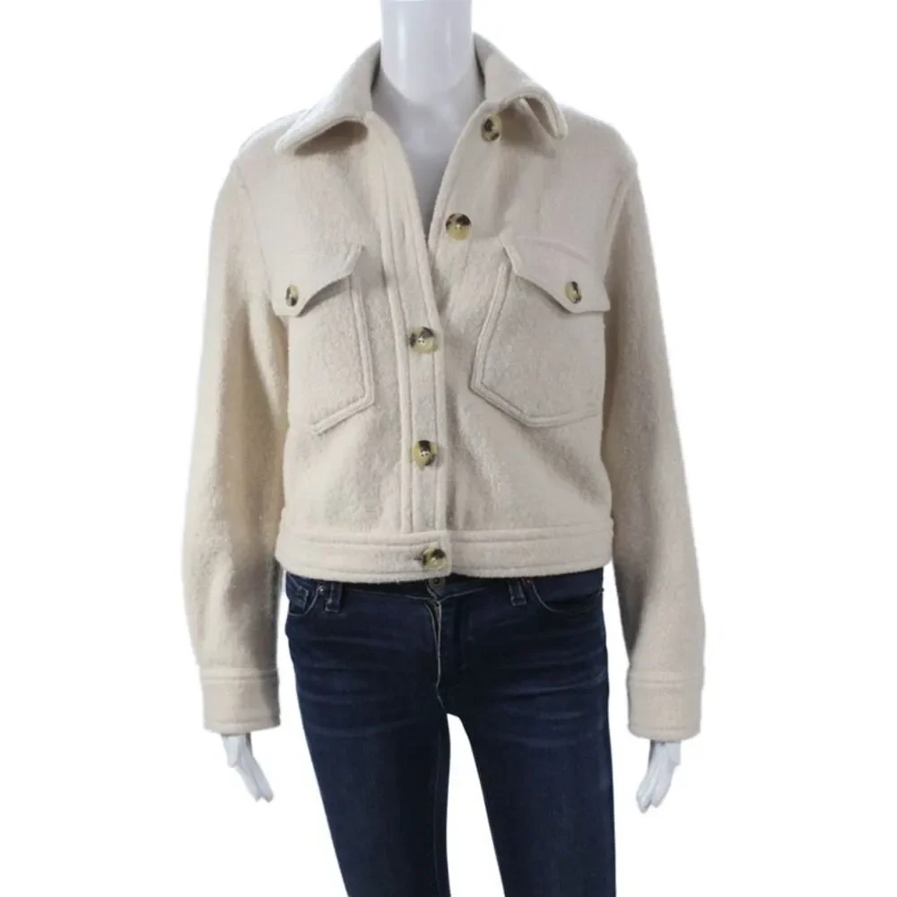 Wilfred Women Beige Merino Wool Bomber Jacket Collared Button Size 2XS